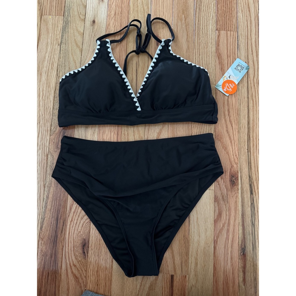 Black Ric Rac Trim Bikini Set High Waisted Ruched Bottoms UPF 50+ Swimsuit L